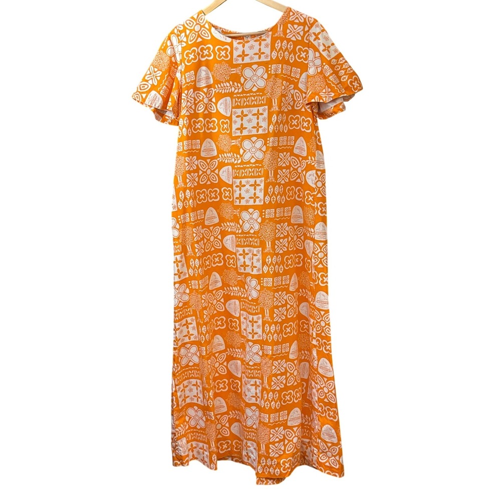 Vintage 1970s Teleflora Maxi Dress Hawaiian Barkcloth Mod Kitschy Floral Aloha